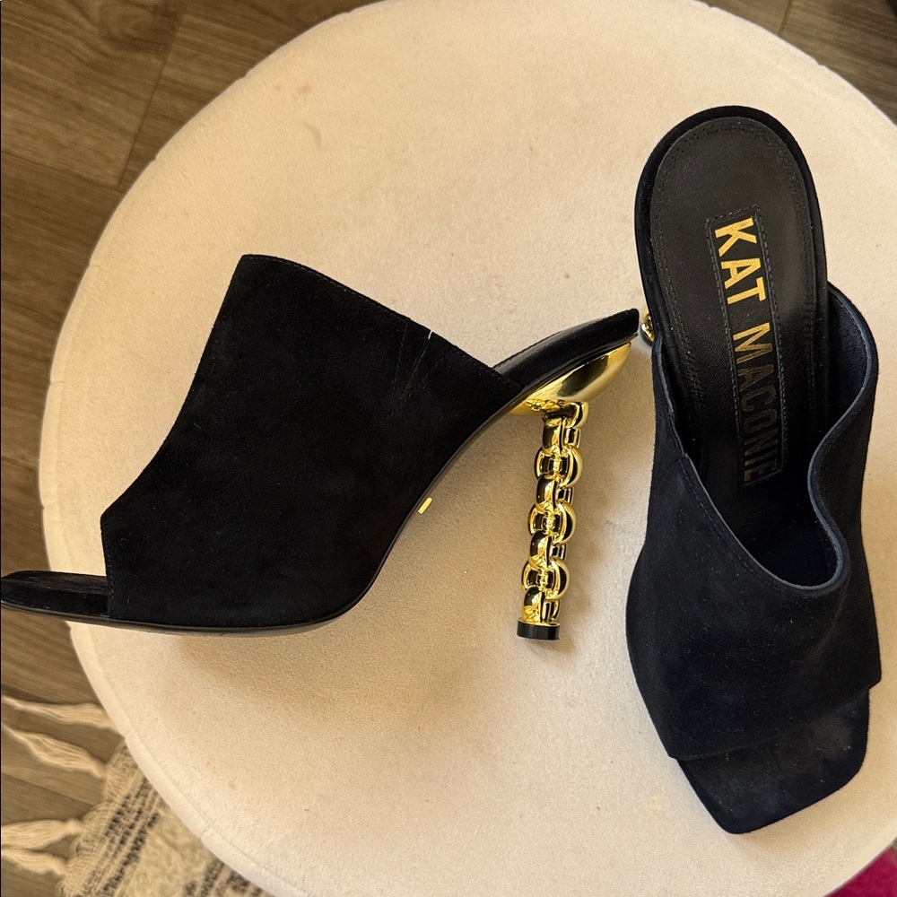 Kat Maconie Black and Gold Chain Heel Mules